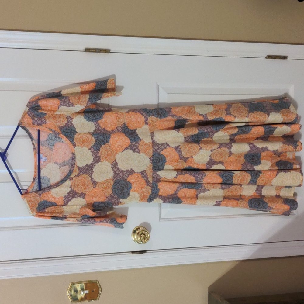 LuLaRoe women's L Nicole dress in purple orange yellow blue floral pattern